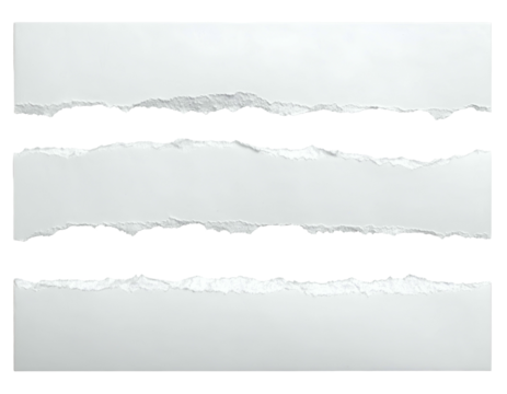 Three horizontal strips of white paper, torn, with a black background showing