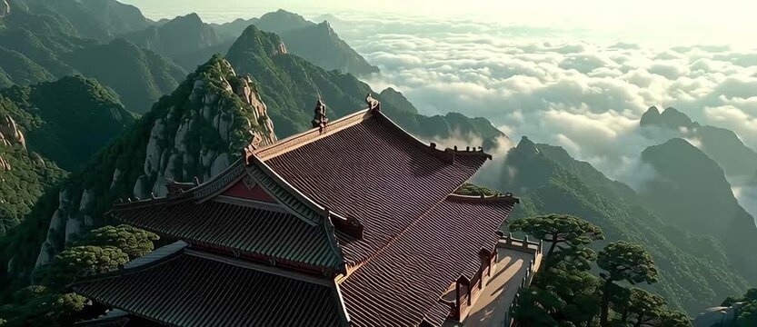 A mountain with a large building on top. The building is a temple. The mountain is covered in trees