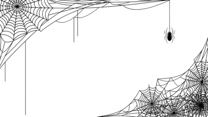 Spiderweb vector illustration with hanging spider creepy cobweb corner elements for Halloween designs isolated on whi