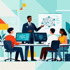 Engaging cybersecurity training session with diverse team learning about network security, modern workplace collaboration for data protection and innovative strategy