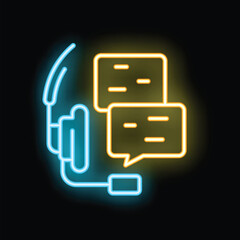 Glowing neon headset with speech bubbles representing online support, call center services, and communication technology
