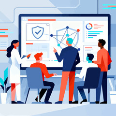 Dynamic team analyzing cybersecurity data on screen, strategizing risk management in modern office, collaborative approach to threat detection and prevention shown