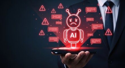 Worried AI chatbot on phone surrounded by alerts shows challenges of artificial intelligence, data security concerns and potential failures in technology