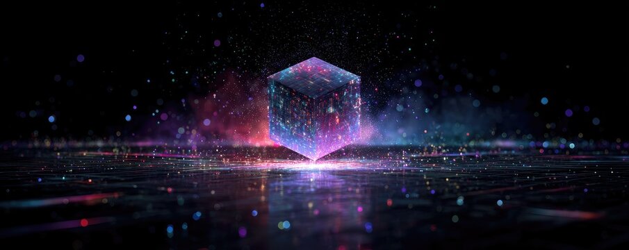 A glowing, pixelated cube hovers over a reflective surface, surrounded by colorful light particles on a black background