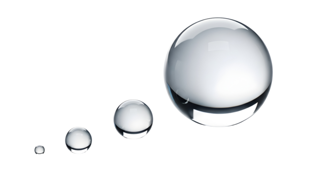 Water droplets in a row clean and clear showing growth and progression on a white background