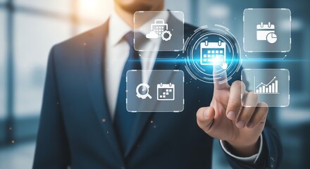 Business professional interacting with digital calendar interface