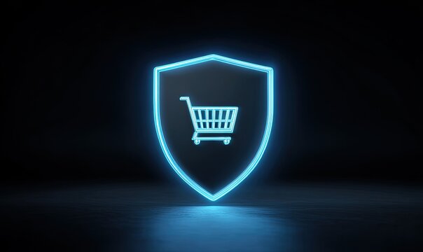 A blue neon outline of a shopping cart within a shield, set against a black background