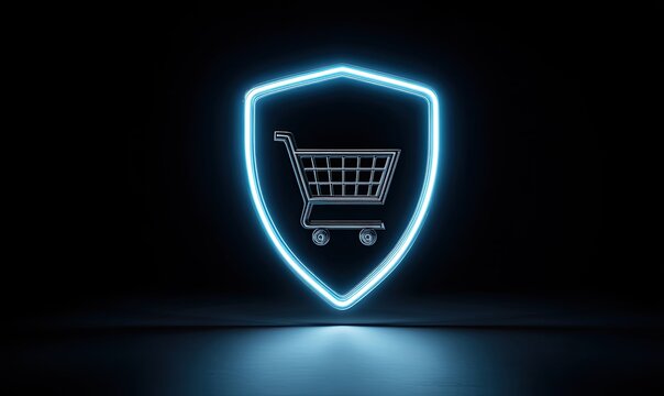 Neon blue shield encasing a shopping cart, glowing against a dark, reflective background