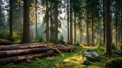 Obraz premium Serene Forest with Sunlight Filtering Through Trees, Showing Cut Logs and Lush Greenery Amidst the Natural Beauty of a Tranquil Woodland Environment