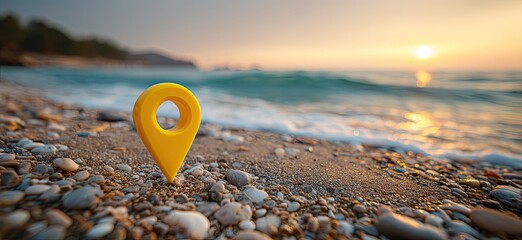 A yellow location marker stands on a sandy beach with pebbles, waves rolling in, and a sunset