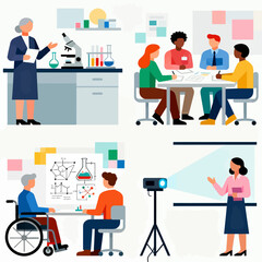 Diverse professionals collaborating on research projects, sharing ideas in presentations, and conducting experiments, fostering innovation and teamwork in a modern setting