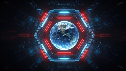 A 3D rendering of Earth in a futuristic hexagon frame with neon lights and digital data