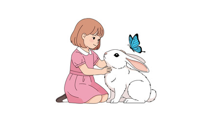 Fototapeta premium Illustration depicting a young girl lovingly interacting with a gentle white rabbit, butterfly