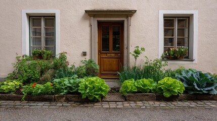 Charming Entryway with Wooden Door Surrounded by Lush Greenery and Colorful Flowers in a Quaint European Neighborhood Setting
