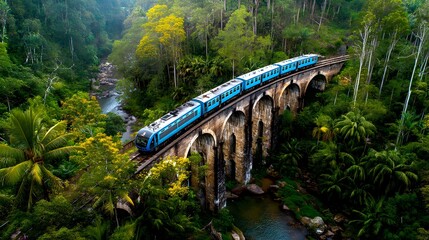 An Unforgettable Vista of Sri Lanka's Hill Country, Featuring the Historic Nine Arch Bridge and the Moment a Beautiful Train Completes its Crossing.