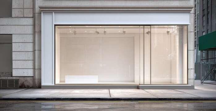Architectural rendering of a storefront with large glass windows, an empty display, and a stone facade