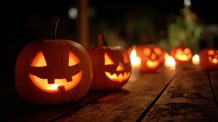Candlelit halloween pumpkins glowing warmly on a dark autumn night with carved spooky faces for seasonal decoration
