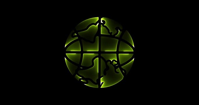 Abstract glowing green and yellow outline of the Earth on black background globe