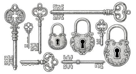 Detailed engraving depicting antique keys and ornate padlocks with intricate designs