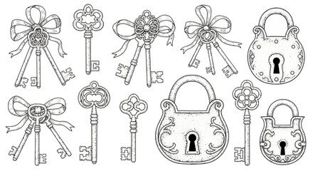Detailed line art illustration of antique keys with bows and ornate padlocks creating an old-world