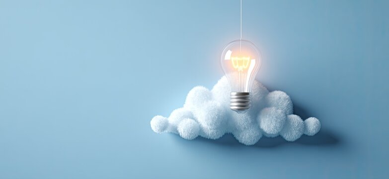 A glowing lightbulb hangs above a fluffy cloud against a pale blue background