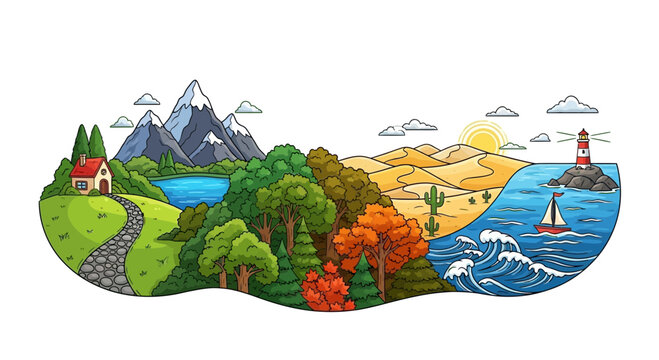 Diverse biomes landscape illustration, showcase mountain, forest, desert and ocean scenery