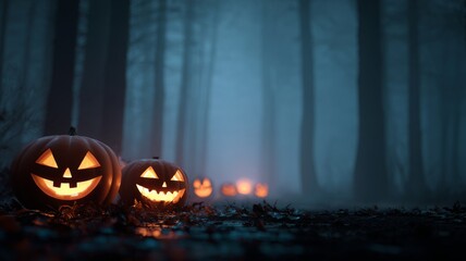 Glowing carved halloween pumpkins with spooky faces in a dark, foggy forest at night, creating eerie autumn atmosphere and mystical seasonal decoration