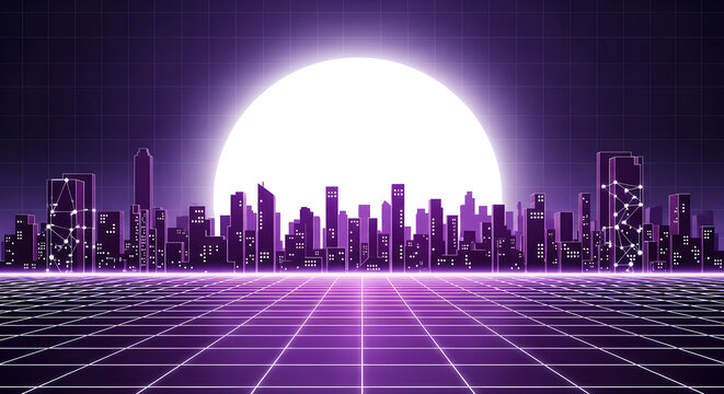 Futuristic retrowave cityscape with neon grid and sun