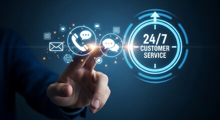 A hand projecting a glowing, holographic 24/7 customer service clock with phone, email, and chat icons.