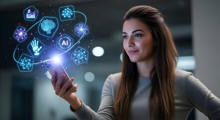 A young girl holding a smartphone with glowing AI icons floating around