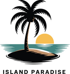 Fototapeta premium Tropical Island Paradise Logo with Palm Tree and Sunset. Palm Tree Beach Illustration with Sun and Ocean Vector.