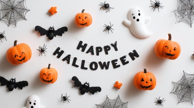 Festive halloween flat lay with cute pumpkins, ghosts, bats, spiders and web on white background for seasonal celebrations and holiday decorations