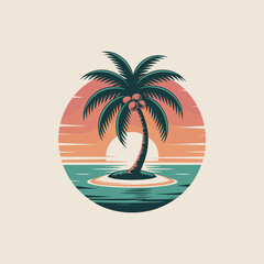 Obraz premium Summer Vacation Paradise Island Retro Poster Design. Coconut Palm on Beach with Sunset Background.