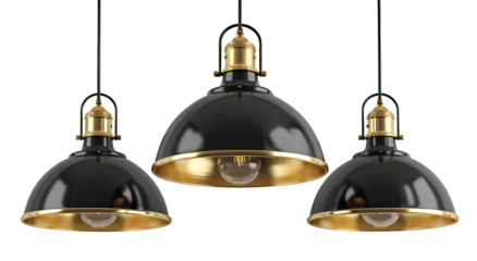  3 modern black metal hanging pendant lights, vintage industrial ceiling lamps with golden, shiny accents for a kitchen, bar, or dining room, isolated on a Transparent background PNG