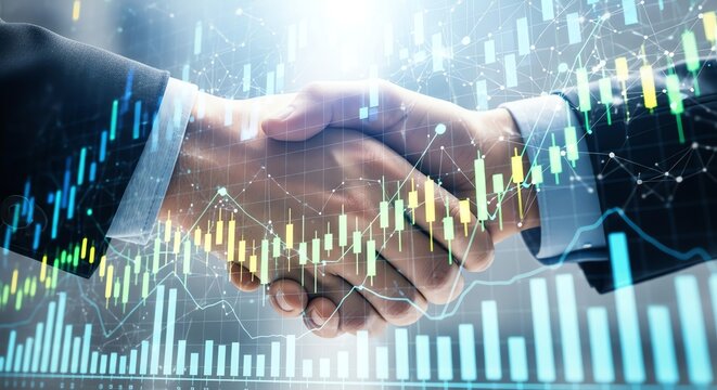 Business deal handshake with financial graph overlay
