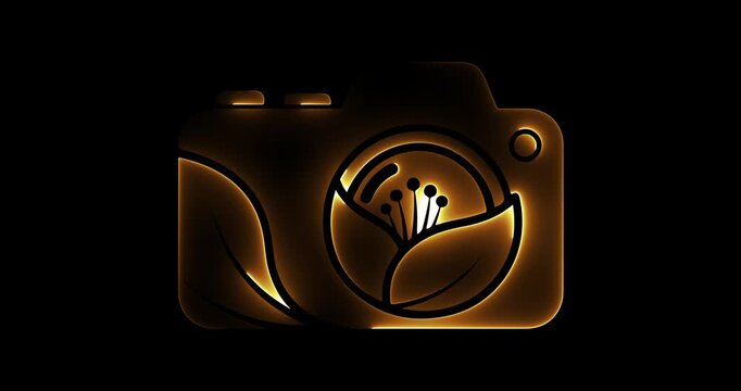 Neon Camera Icon with Flower and Leaves, Golden Glow on Black Background photography