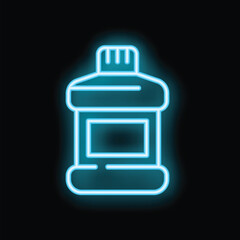 Blue neon sign depicting a bottle of mouthwash on a black background