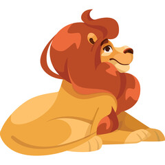 Illustration of a majestic male lion with a flowing mane resting peacefully in a warm golden light against a clean white background perfect for graphic design elements