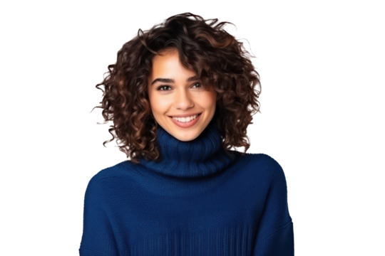 portrait of an elegant young woman with brown brunette hair and smooth skin wearing a dark blue pullover isolated on white or transparent png