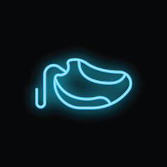Blue neon sign of a modern sport shoe glowing on a black background