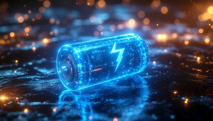 Blue glowing battery with electric energy symbol on futuristic surface representing renewable energy and power storage technology