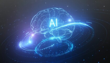 Obraz premium Blue glowing holographic AI brain with orbiting data particles representing artificial intelligence and digital innovation