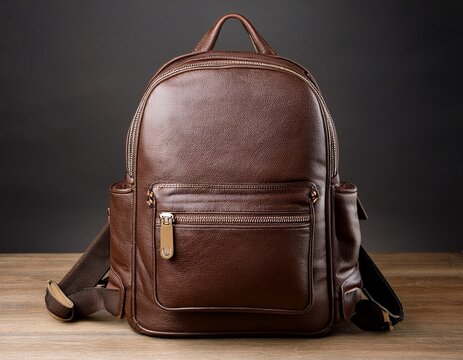 leather city backpack in dark brown with a front zippered pocket
