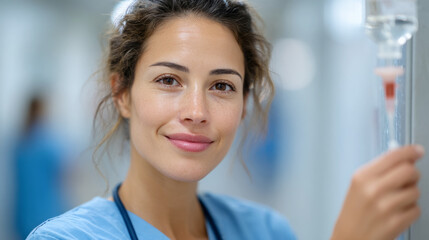 Latin american nurse calmly preparing iv bag in hospital setting