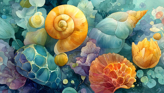 Watercolor sea creatures and shells