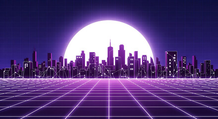 Futuristic retrowave cityscape with neon grid and sun