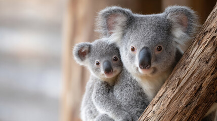 Obraz premium Mother koala and joey in wildlife shelter embracing safety and care