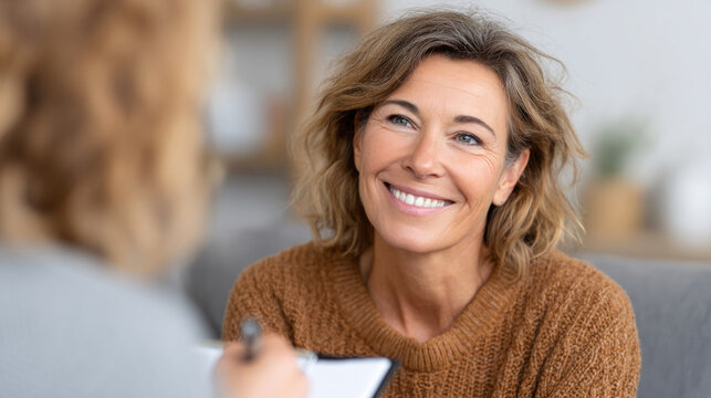 Psychotherapy session in warm room with smiling therapist and client interaction