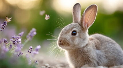 Fototapeta premium Serene garden scene featuring rabbit with butterflies and lavender
