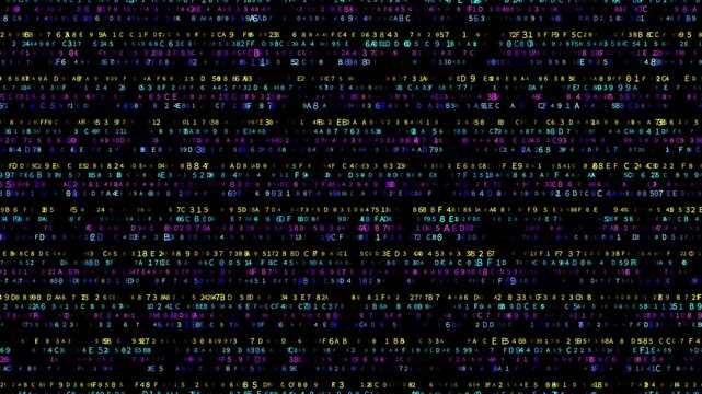 Abstract futuristic olorful hexadecimal code animation with flowing data and glow effect, ideal for tech, programming, AI, cybersecurity and digital themes, seamless loop with alpha channel background